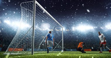 Yoğun futbol an hedef yağıyor iken profesyonel futbol Stadı önünde. Stadyum ve kalabalık 3d yapılır.