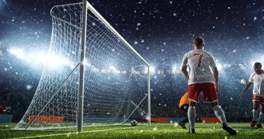 Yoğun futbol an hedef yağıyor iken profesyonel futbol Stadı önünde. Stadyum ve kalabalık 3d yapılır.