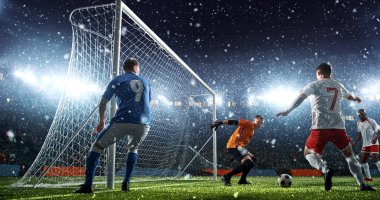 Yoğun futbol an hedef yağıyor iken profesyonel futbol Stadı önünde. Stadyum ve kalabalık 3d yapılır.