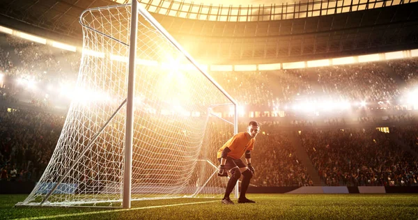 Yoğun futbol an güneş parlar süre profesyonel futbol stadyumu kalede önünde. Stadyum ve kalabalık 3d yapılır.