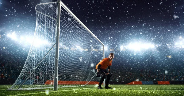 Intense Soccer Moment Front Goal Professional Soccer Stadium While Snowing — Stock Photo, Image