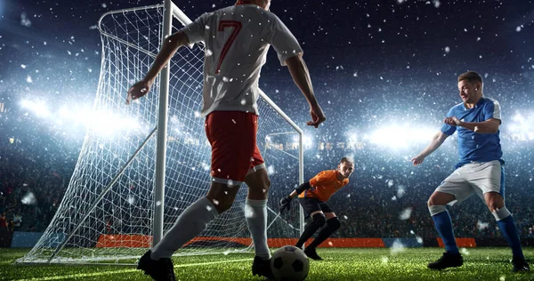 Intense soccer moment in front of the goal on the professional soccer stadium while it\'s snowing. Stadium and crowd are made in 3D.