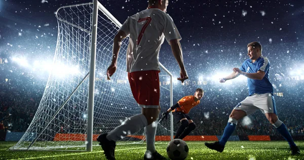 Intense soccer moment in front of the goal on the professional soccer stadium while it\'s snowing. Stadium and crowd are made in 3D.