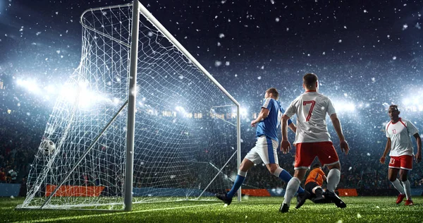 Intense soccer moment in front of the goal on the professional soccer stadium while it\'s snowing. Stadium and crowd are made in 3D.