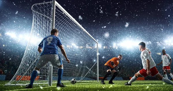 Intense soccer moment in front of the goal on the professional soccer stadium while it's snowing. Stadium and crowd are made in 3D.