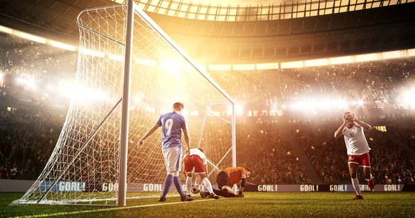 Intense soccer moment in front of the goal on the professional soccer stadium while the sun shines. Stadium and crowd are made in 3D.