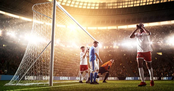 Intense soccer moment in front of the goal on the professional soccer stadium while the sun shines. Stadium and crowd are made in 3D.
