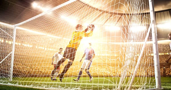 Intense soccer moment in front of the goal on the professional soccer stadium while the sun shines. Stadium and crowd are made in 3D.