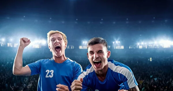 Glückliche Fußballer Feiern Einen Sieg Fußballstadion — Stockfoto