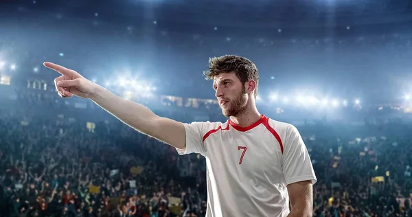 Happy soccer player celebrate a victory on a professional football stadium