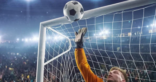 Soccer goalkeeper in action on the soccer stadium. He wear unbranded sports clothes. Stadium and crowd made in 3D.