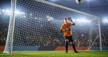 Futbol Kaleci futbol stadyumu eylem içinde. O giyim unbranded giyim spor. Stadyum ve 3d yapılan kalabalık.