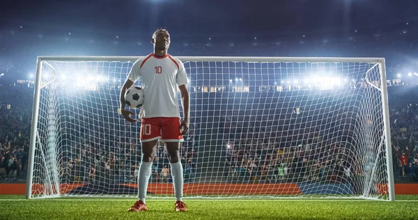 Futbol Kaleci futbol stadyumu eylem içinde. O giyim unbranded giyim spor. Stadyum ve 3d yapılan kalabalık.