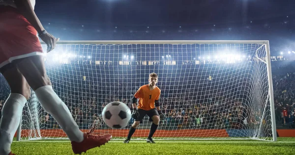 Soccer goalkeeper in action on the soccer stadium. He wear unbranded sports clothes. Stadium and crowd made in 3D.