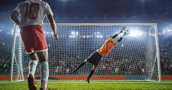 Soccer goalkeeper in action on the soccer stadium. He wear unbranded sports clothes. Stadium and crowd made in 3D.