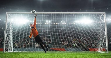 Futbol Kaleci futbol stadyumu eylem içinde. O giyim unbranded giyim spor. Stadyum ve 3d yapılan kalabalık.
