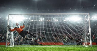 Futbol Kaleci futbol stadyumu eylem içinde. O giyim unbranded giyim spor. Stadyum ve 3d yapılan kalabalık.
