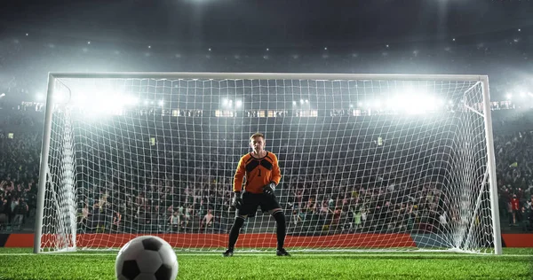 Soccer goalkeeper in action on the soccer stadium. He wear unbranded sports clothes. Stadium and crowd made in 3D.