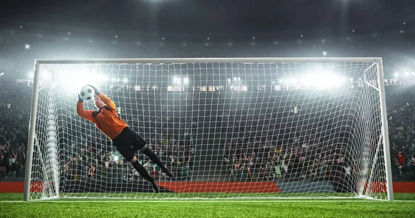 Soccer goalkeeper in action on the soccer stadium. He wear unbranded sports clothes. Stadium and crowd made in 3D.