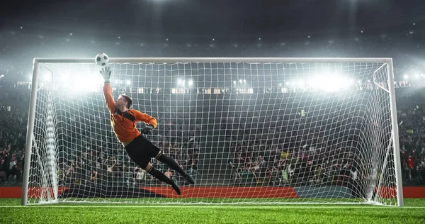 Futbol Kaleci futbol stadyumu eylem içinde. O giyim unbranded giyim spor. Stadyum ve 3d yapılan kalabalık.