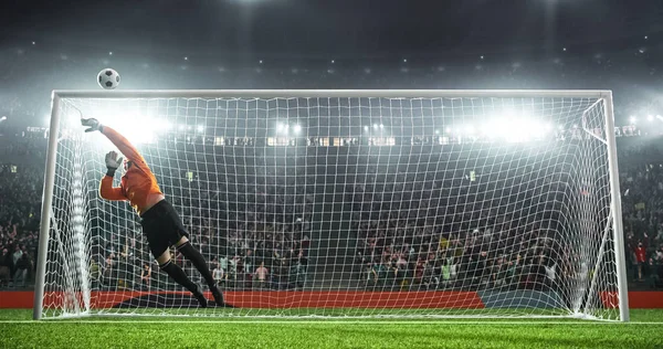 Soccer goalkeeper in action on the soccer stadium. He wear unbranded sports clothes. Stadium and crowd made in 3D.