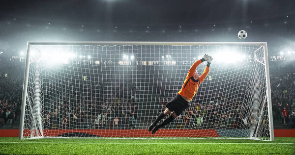 Soccer goalkeeper in action on the soccer stadium. He wear unbranded sports clothes. Stadium and crowd made in 3D.