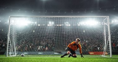 Futbol Kaleci futbol stadyumu eylem içinde. O giyim unbranded giyim spor. Stadyum ve 3d yapılan kalabalık.