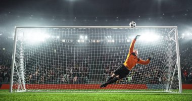 Futbol Kaleci futbol stadyumu eylem içinde. O giyim unbranded giyim spor. Stadyum ve 3d yapılan kalabalık.