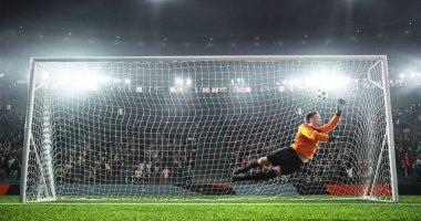 Futbol Kaleci futbol stadyumu eylem içinde. O giyim unbranded giyim spor. Stadyum ve 3d yapılan kalabalık.