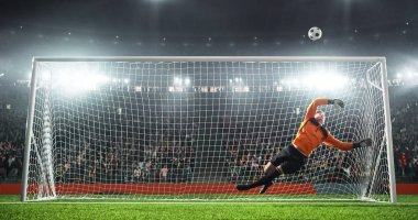 Futbol Kaleci futbol stadyumu eylem içinde. O giyim unbranded giyim spor. Stadyum ve 3d yapılan kalabalık.