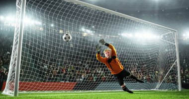 Futbol Kaleci futbol stadyumu eylem içinde. O giyim unbranded giyim spor. Stadyum ve 3d yapılan kalabalık.