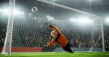 Futbol Kaleci futbol stadyumu eylem içinde. O giyim unbranded giyim spor. Stadyum ve 3d yapılan kalabalık.