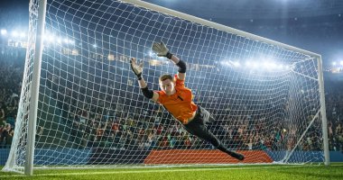 Futbol Kaleci futbol stadyumu eylem içinde. O giyim unbranded giyim spor. Stadyum ve 3d yapılan kalabalık.