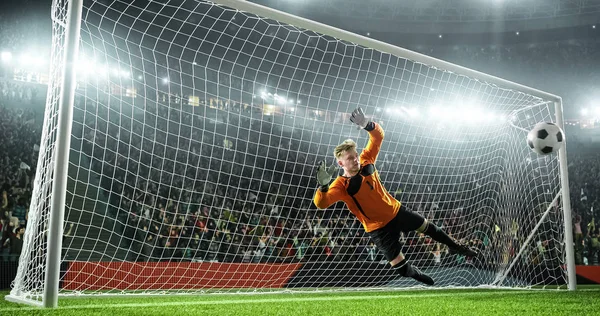 Soccer goalkeeper in action on the soccer stadium. He wear unbranded sports clothes. Stadium and crowd made in 3D.