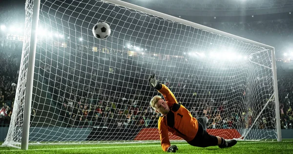 Soccer goalkeeper in action on the soccer stadium. He wear unbranded sports clothes. Stadium and crowd made in 3D.