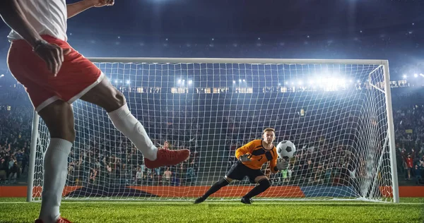 Soccer goalkeeper in action on the soccer stadium. He wear unbranded sports clothes. Stadium and crowd made in 3D.