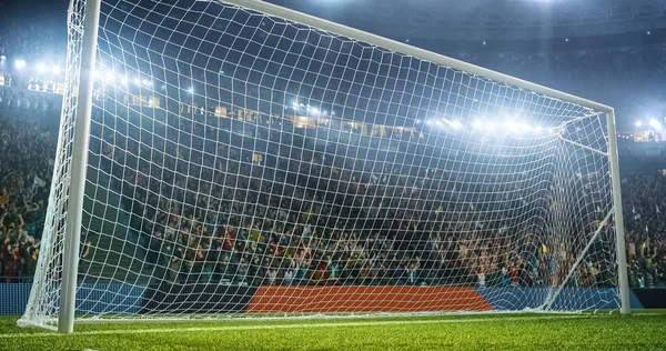 Futbol Kaleci futbol stadyumu eylem içinde. O giyim unbranded giyim spor. Stadyum ve 3d yapılan kalabalık.