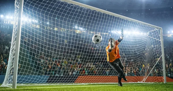 Soccer goalkeeper in action on the soccer stadium. He wear unbranded sports clothes. Stadium and crowd made in 3D.