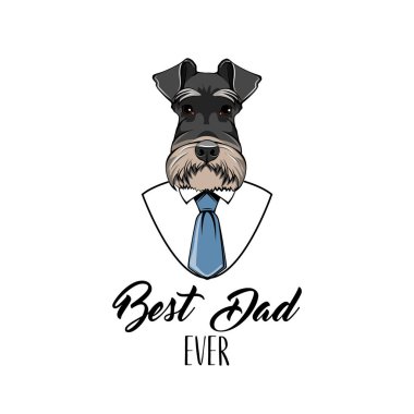 Schnauzer köpek. Babalar Günü tebrik kartı. Beyaz tişört, mavi kravat. En iyi baba hiç yazıt. Baba hediye. Vektör.