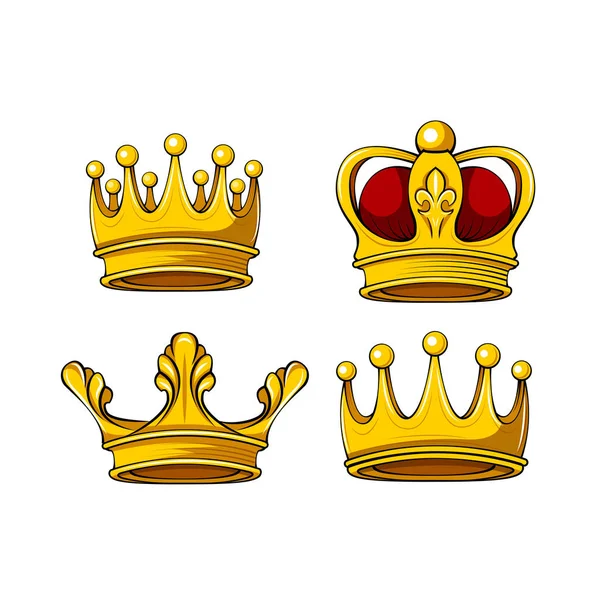 Cartoon kungakrona ikoner set. Vector kungen, drottningen, prins, prinsessa attribut. Designelement. Vektor. — Stock vektor