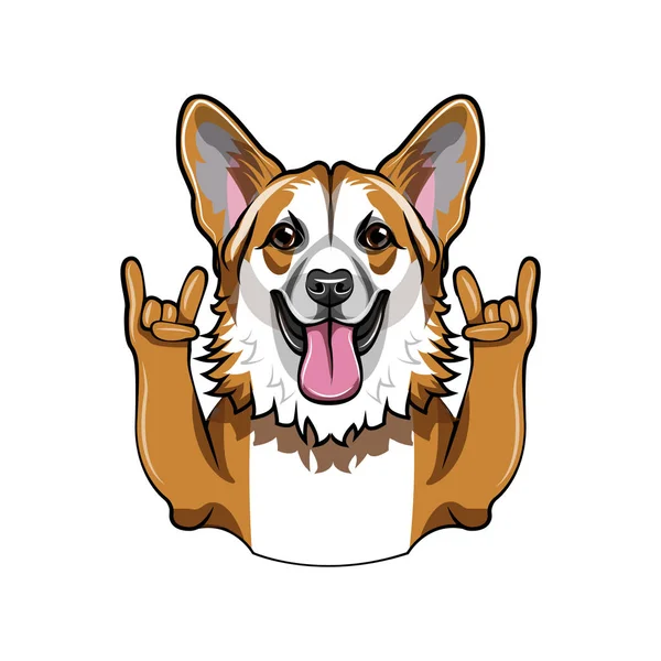 Welsh Corgi Dog Horns Rock Gesture Cute Corgi Dog Portrait — Stock Vector