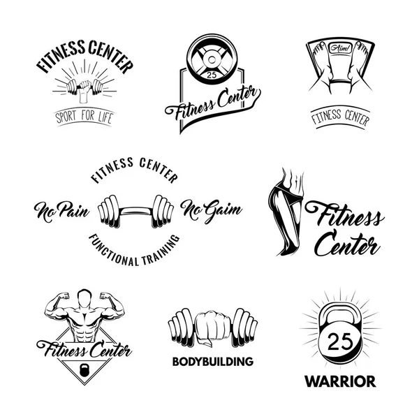 stock vector Fitness center labels set. Sport badges. Barbell disk, Kettlebell, Dumbbell, Athletic body. Gym equipment. Vector.