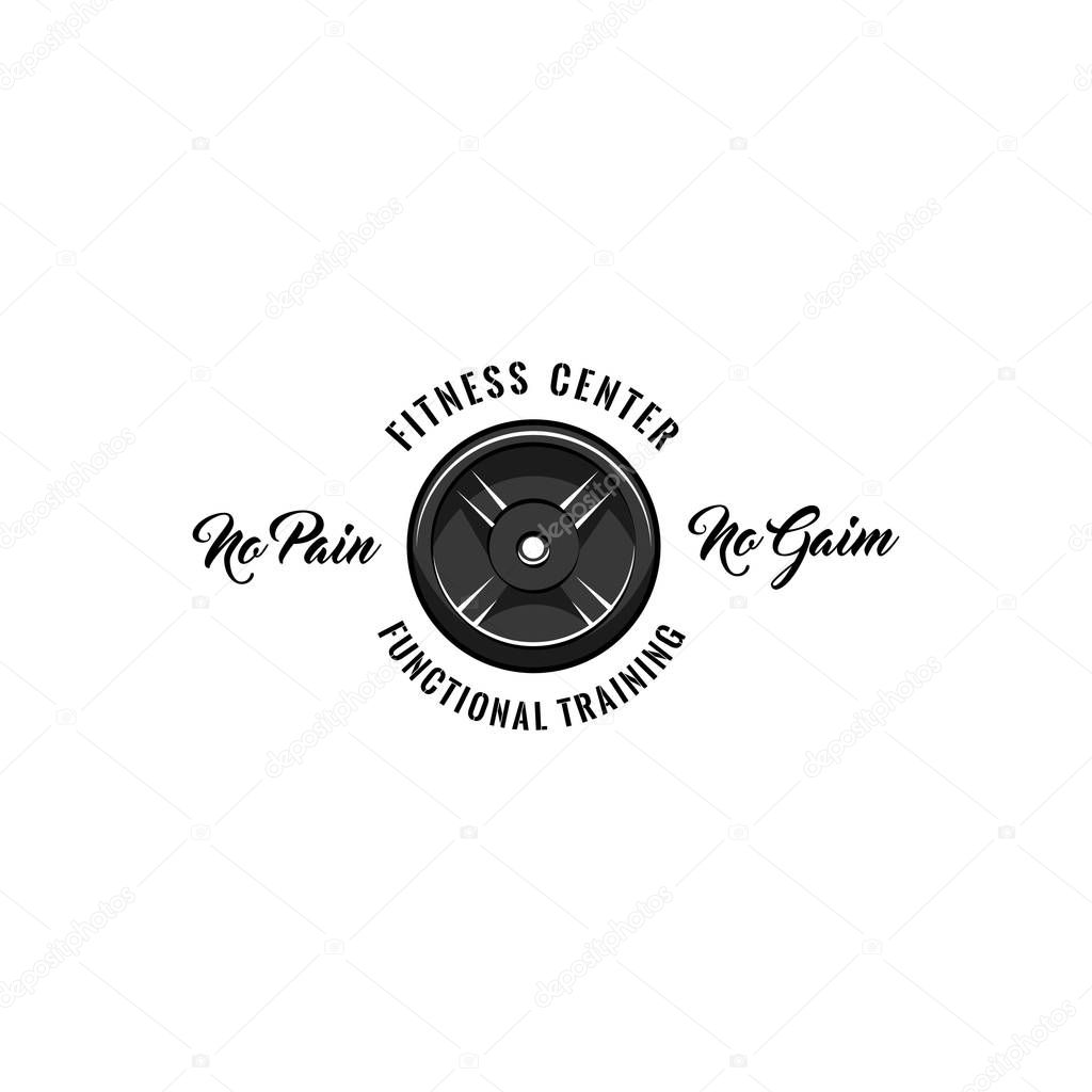 Fitness center badge. Disk weight, barbell disk. No pain No gain, Functional training inscriptions. Sport icon. Vector illustration.