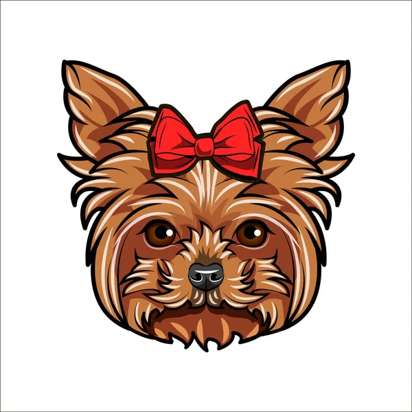 Yorkshire Terrier. Ícone de arco. Arco vermelho decorativo. Cão decorado com um arco na cabeça. Yorkshire terrier espécie. Retrato de cão. Cães cúmplices. Vetor . —  Vetores de Stock