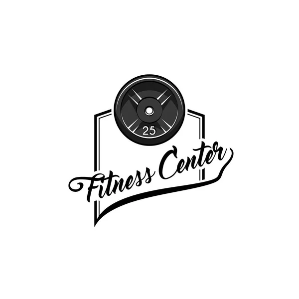 Disk vikt skivstång. Fitness center logo etikett. Sport-märke. Fitness club emblem. Bodybuilding. Vektor. — Stock vektor