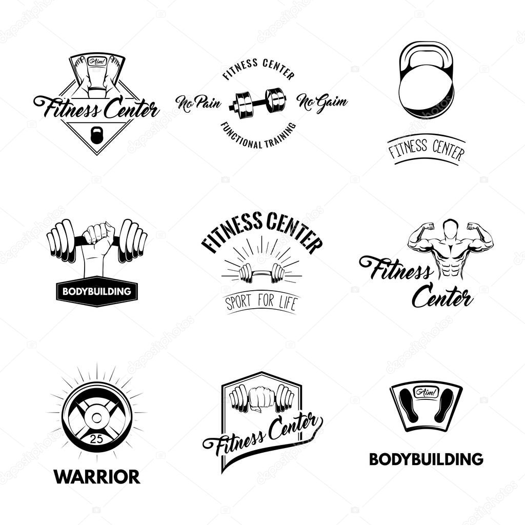 Fitness Logos Templates Set. Barbell disk, Sportive body, Dumbbell, Weighting scale. Sport Labels, Gym Badges. Weight Symbols. Vector illustration.
