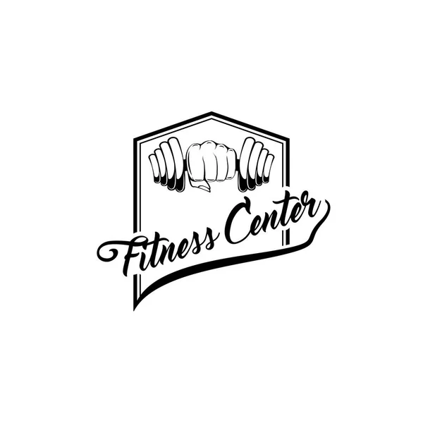 Haltère. Étiquette logo centre de fitness. Haltères dans le poing, main. Symbole sportif. Vecteur . — Image vectorielle
