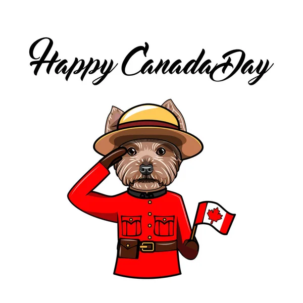 Terrier dello Yorkshire. Felice giorno del Canada. Bandiera canadese. Cane indossato in Royal Canadian Mounted Police forma. Biglietto d'auguri. Vettore . — Vettoriale Stock