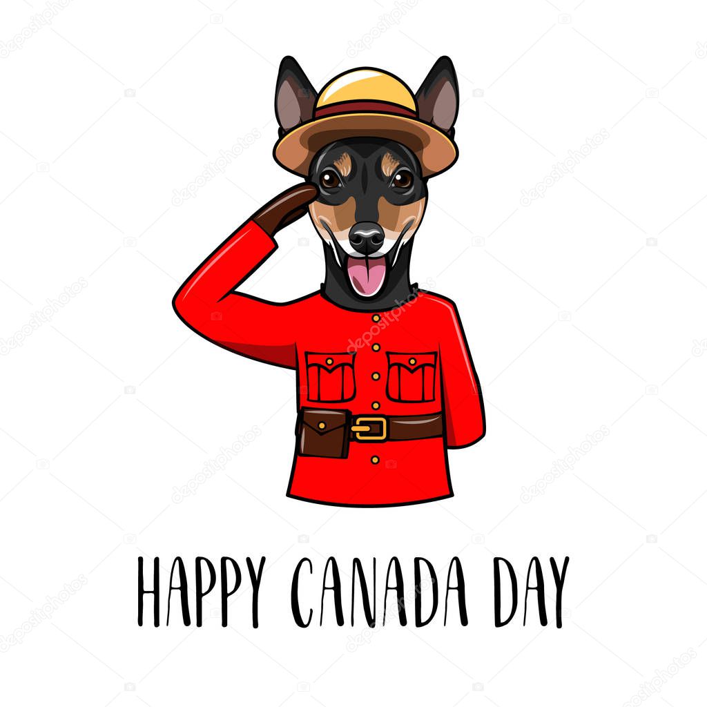 Russian Toy Terrier. Happy Canada day. Dog wearing in Royal Canadian Mounted Police form. Greeting card. Vector.