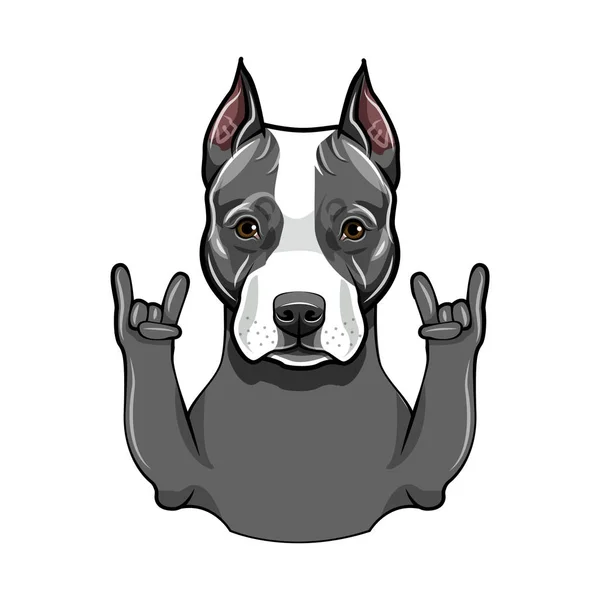 American Staffordshire Terrier. Un gesto de rock, Horns. Retrato de perro. La raza Staffordshire Terrier. Vector . — Vector de stock